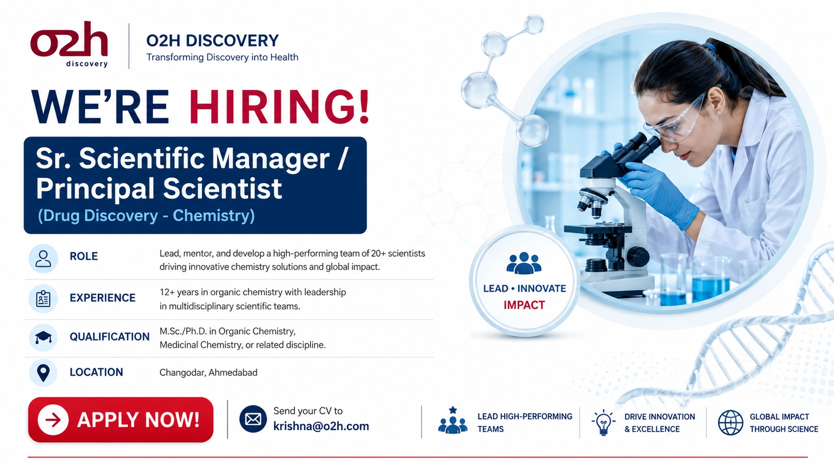 Sr. Scientific Manager / Principal Scientist Jobs at o2h Discovery – Drug Discovery Chemistry | Ahmedabad