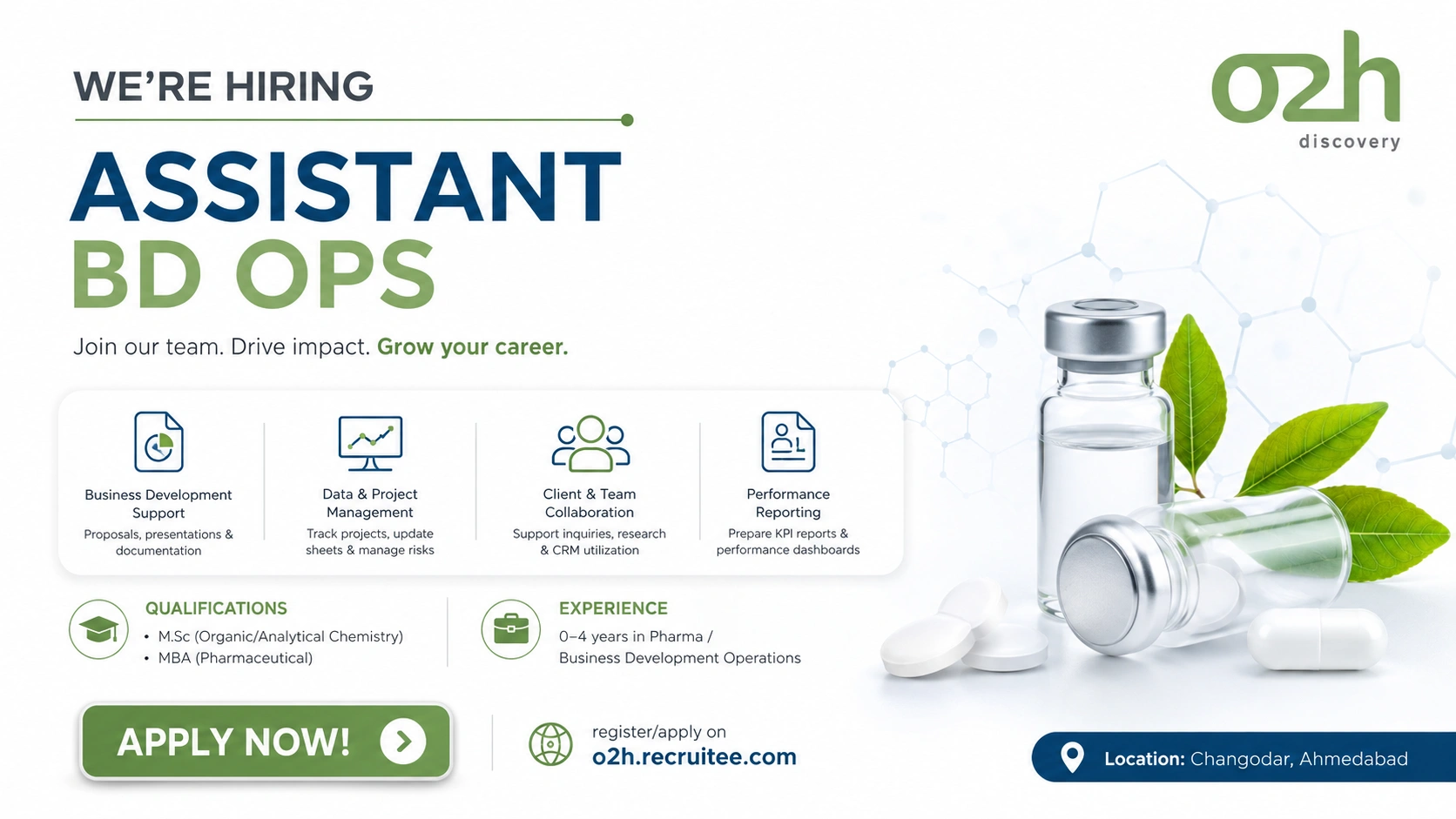 Assistant BD Ops Jobs at o2h Discovery | Pharma Business Development Careers in Ahmedabad