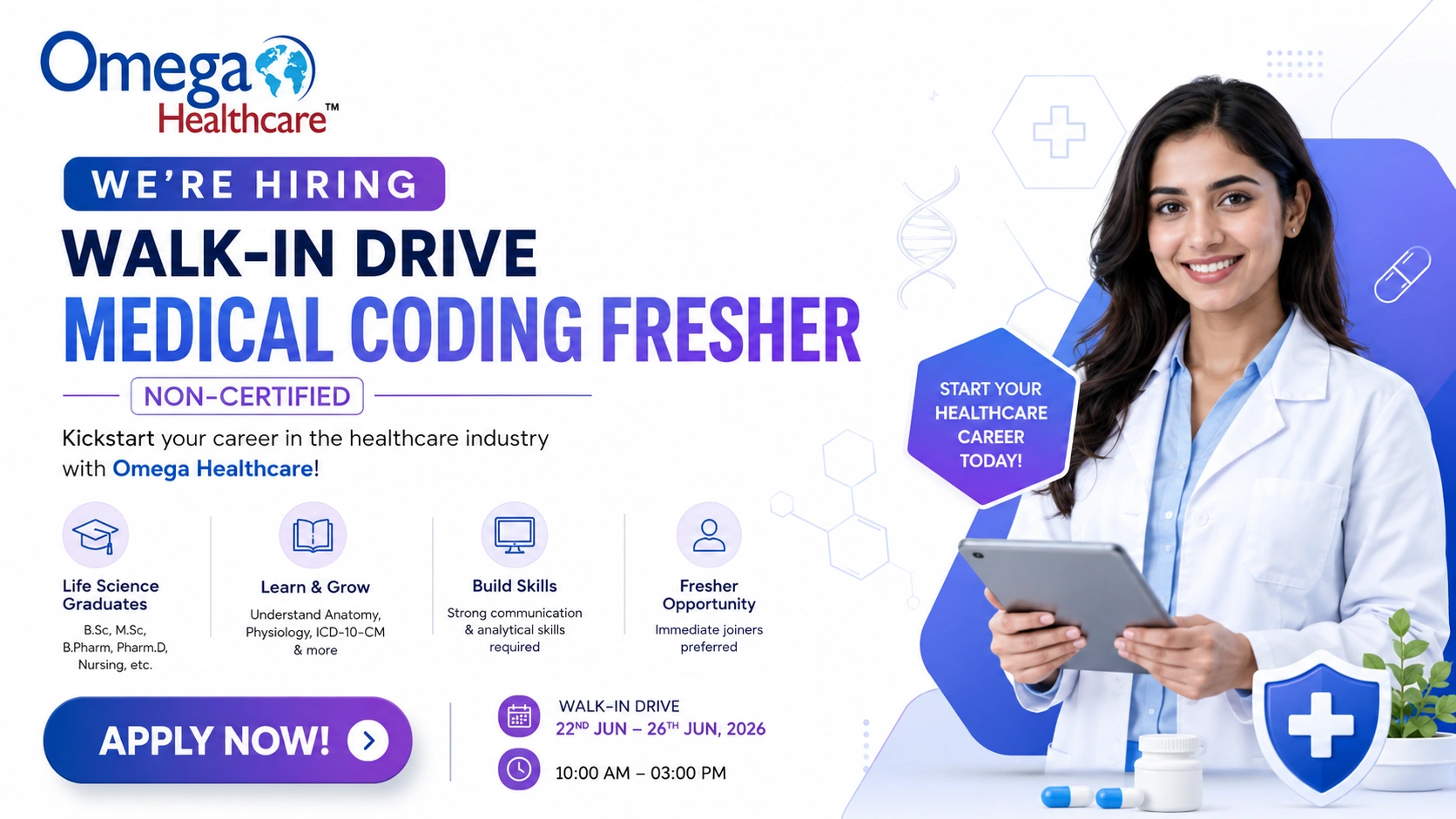 Omega Healthcare Walk-In Drive for Medical Coding Freshers in Chennai | Healthcare Careers Opportunity on June 22 to June 26, 2026