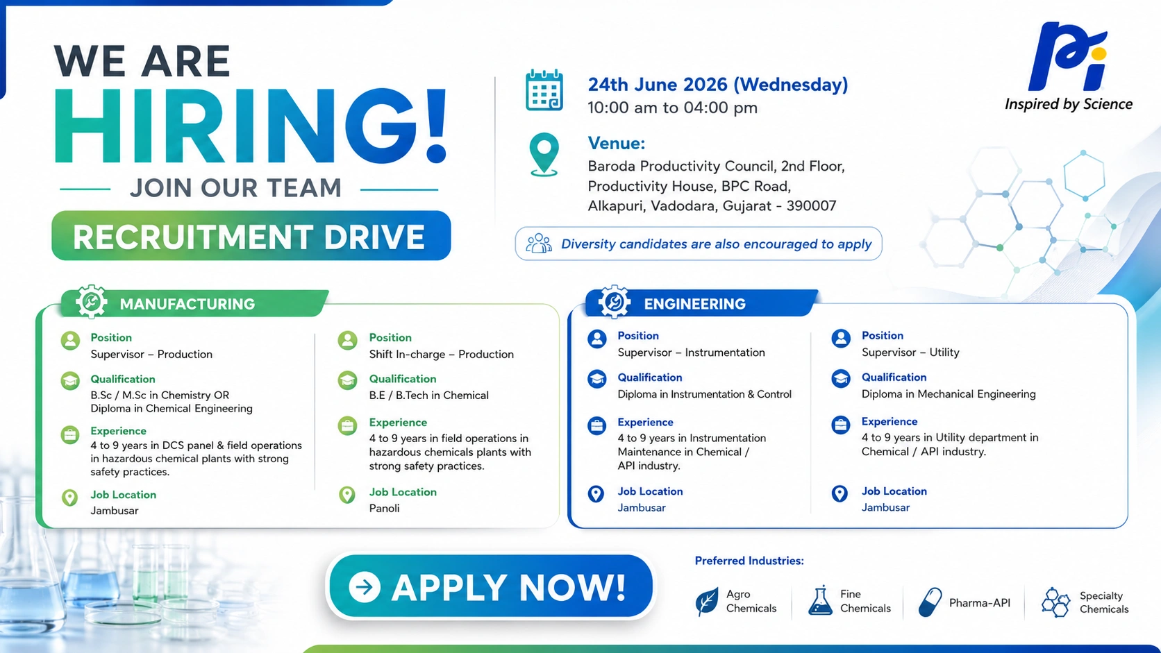 PI Industries Recruitment Drive | Walk-In Interview for Production and Engineering Professionals on 24 June 2026