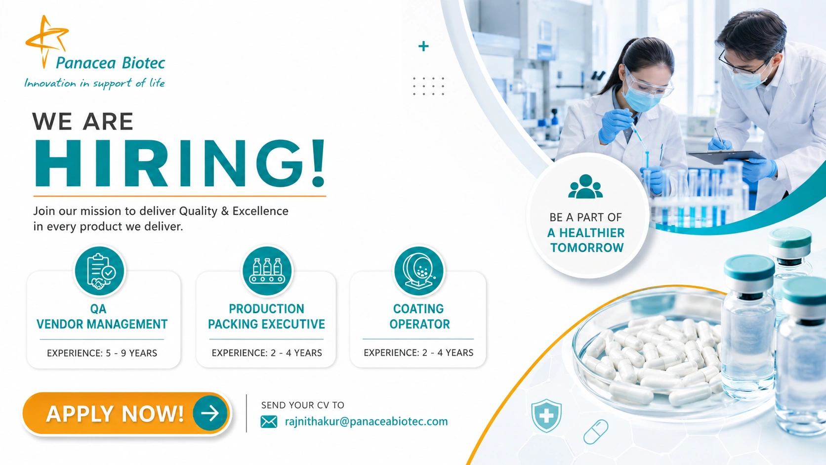 Panacea Biotec Pharma Jobs in Baddi 2026 | Hiring for QA Vendor Management, Production Packing Executive & Coating Operator