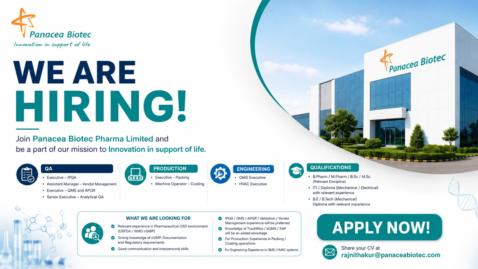 Panacea Biotec Pharma Limited Hiring for QA, Production & Engineering Roles in Baddi | Apply Now