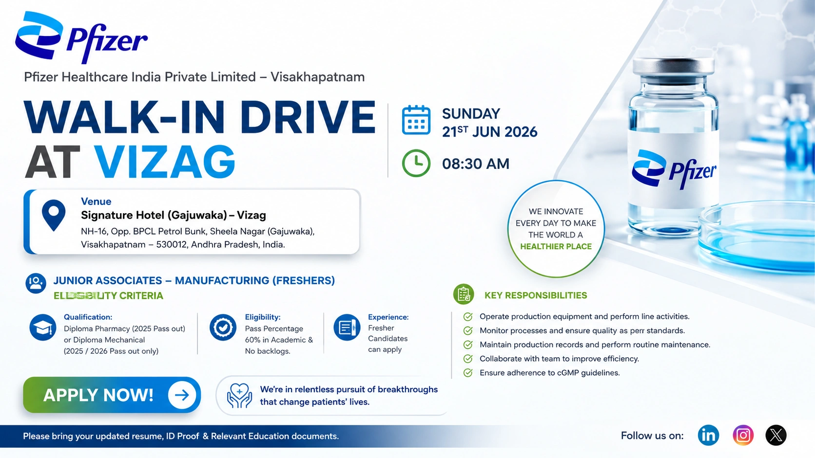 Pfizer Walk-In Interview for Freshers – Junior Associates Manufacturing Roles in Visakhapatnam on 21 June 2026 (Sunday)
