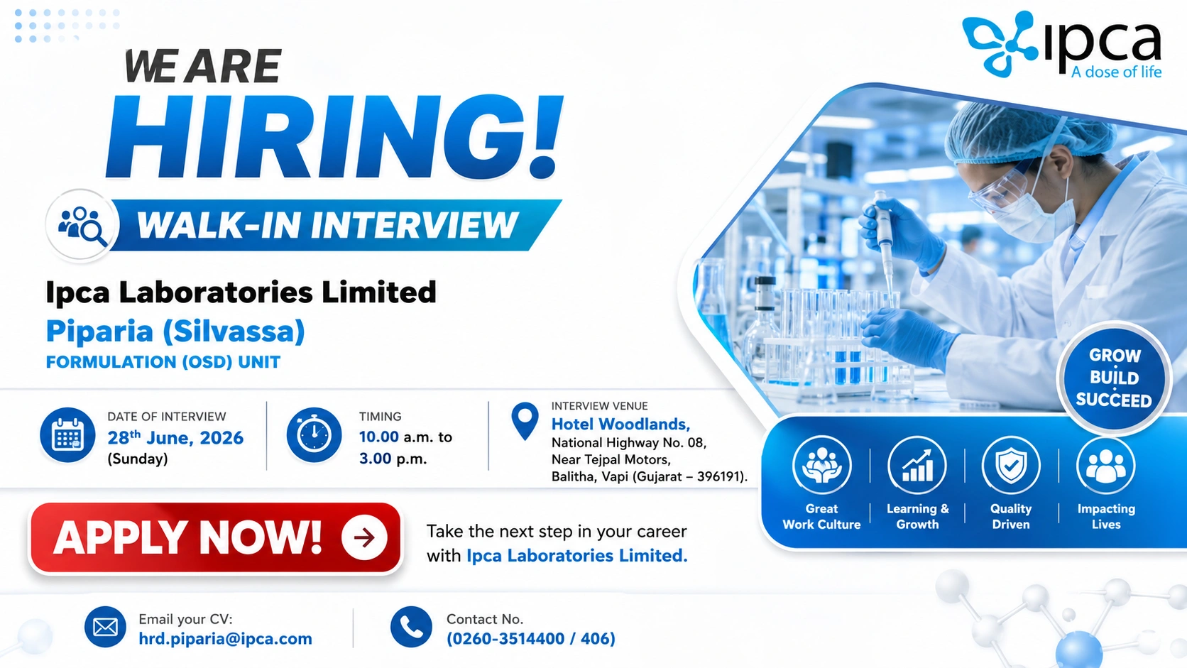 Ipca Laboratories Walk-In Interview for Production, QA, Stores, Utility & Engineering Roles at Piparia (Silvassa) on 28th June 2026