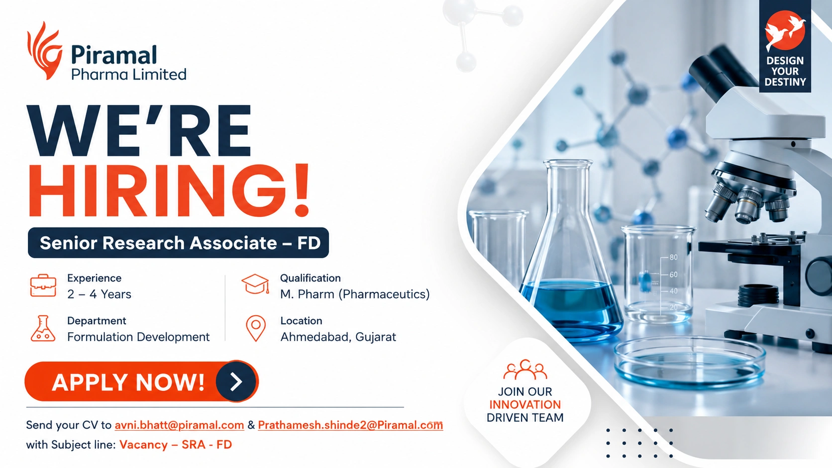 Piramal Pharma Hiring Senior Research Associate – Formulation Development | Ahmedabad Pharma Jobs