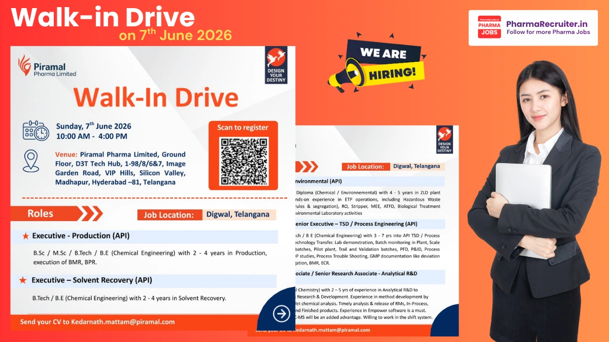 Piramal Pharma Limited Walk-in Drive on 7th June 2026