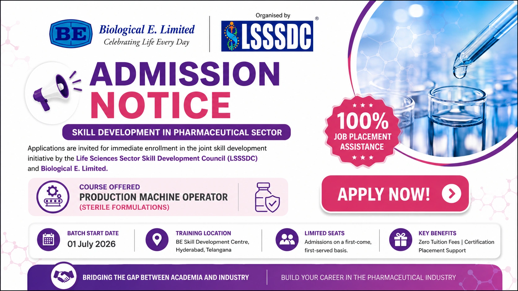 B.Sc (BZC), B.Pharma, D.Pharma, ITI, Diploma/B.Tech in Mechanical, Mechatronics, Electronics, Chemical Engineering; B.Sc/M.Sc in Chemistry or Organic Chemistry