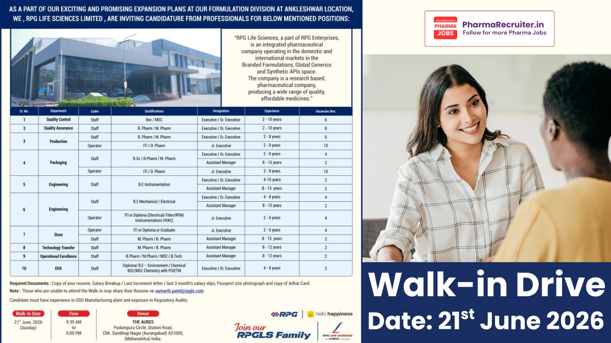 RPG Life Sciences Walk-in Interview Ankleshwar on 21st June 2026