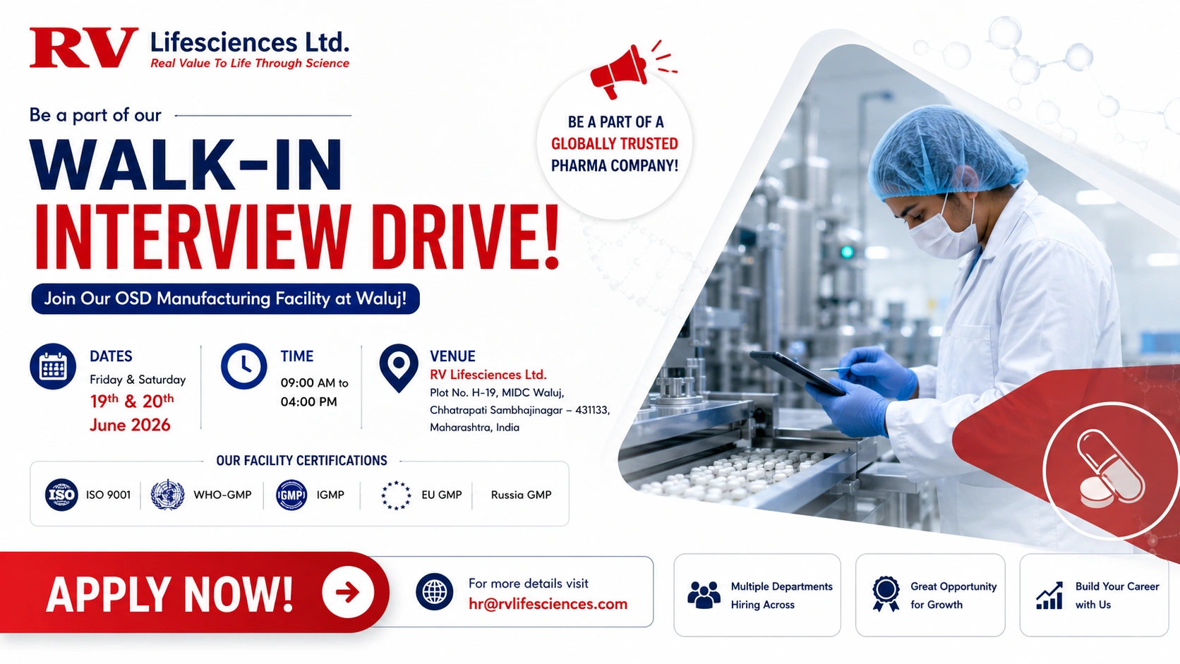 RV Lifesciences Ltd Walk-In Interview for QA, QC, Manufacturing, Warehouse & Engineering Positions on 19th & 20th June 2026 (Friday & Saturday)