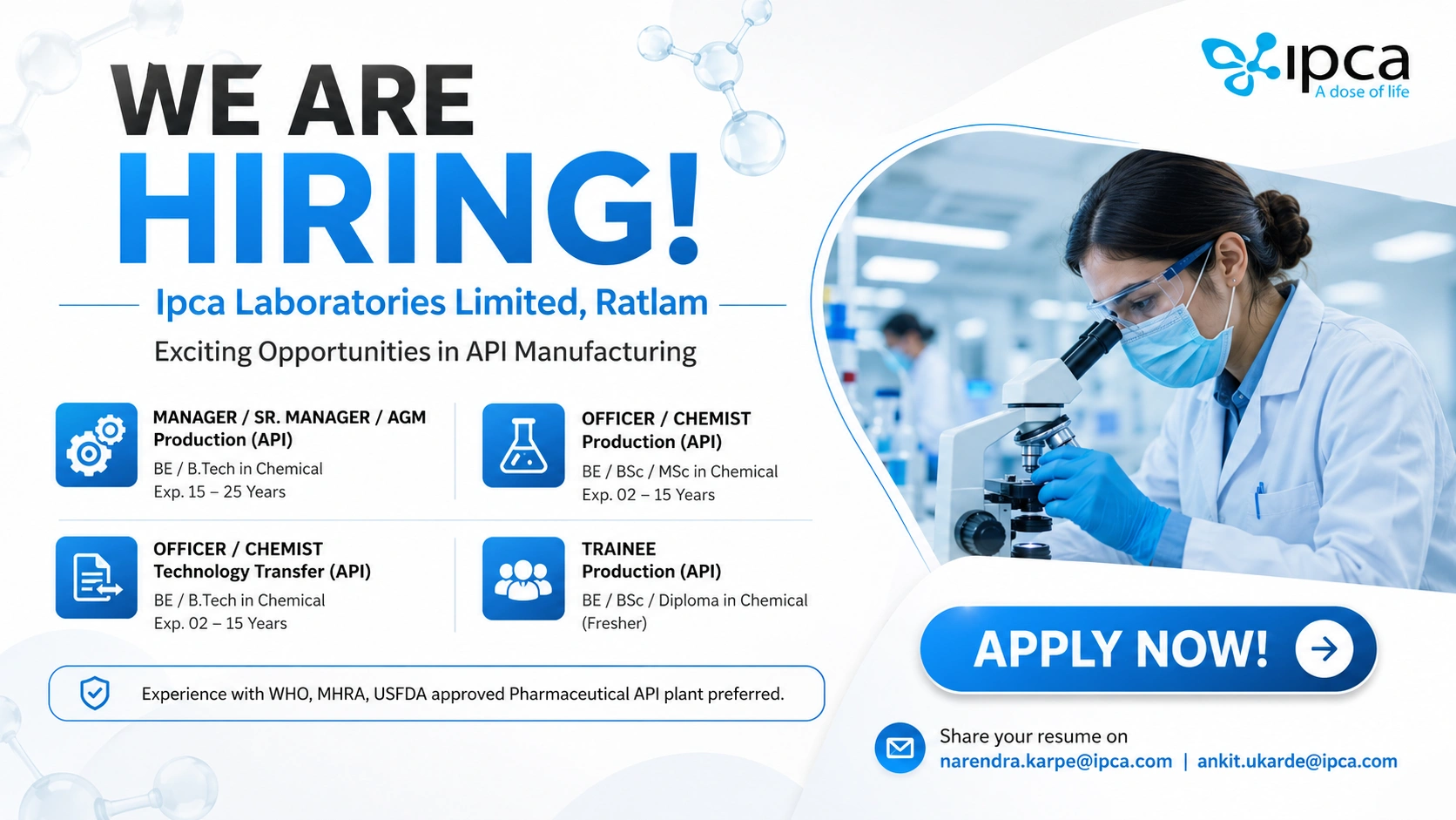 Ipca Laboratories Limited Hiring for API Production & Technology Transfer Roles in Ratlam | Pharma Jobs 2026