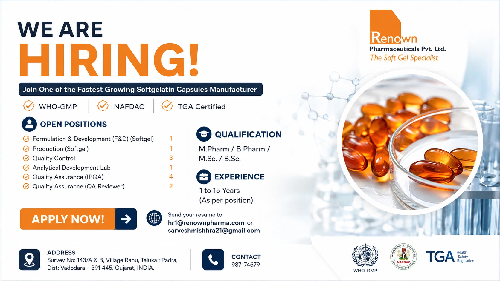 Renown Pharmaceuticals Recruitment: Multiple Openings in Production, QA, QC, ADL & Formulation Development at Vadodara
