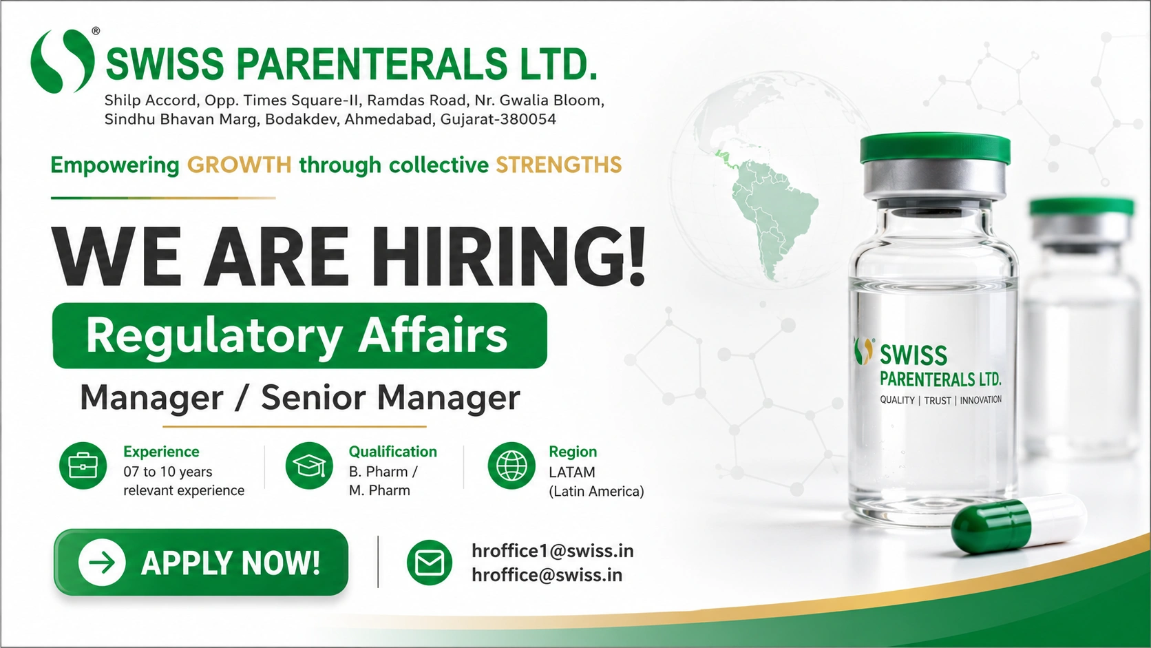 Swiss Parenterals Ltd Hiring Regulatory Affairs Manager / Senior Manager – LATAM Region | Pharma Jobs