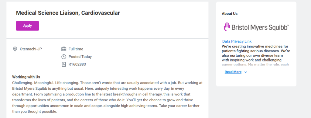 Medical Science Liaison, Cardiovascular Job Opening at Bristol Myers Squibb (BMS) – Apply Now