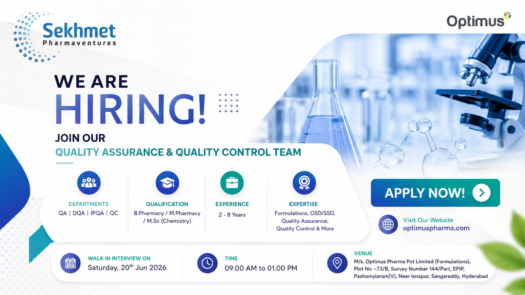 Optimus Pharma Walk-In Interview for QA, DQA, IPQA & QC Professionals in Hyderabad on 20 June 2026 (Saturday)