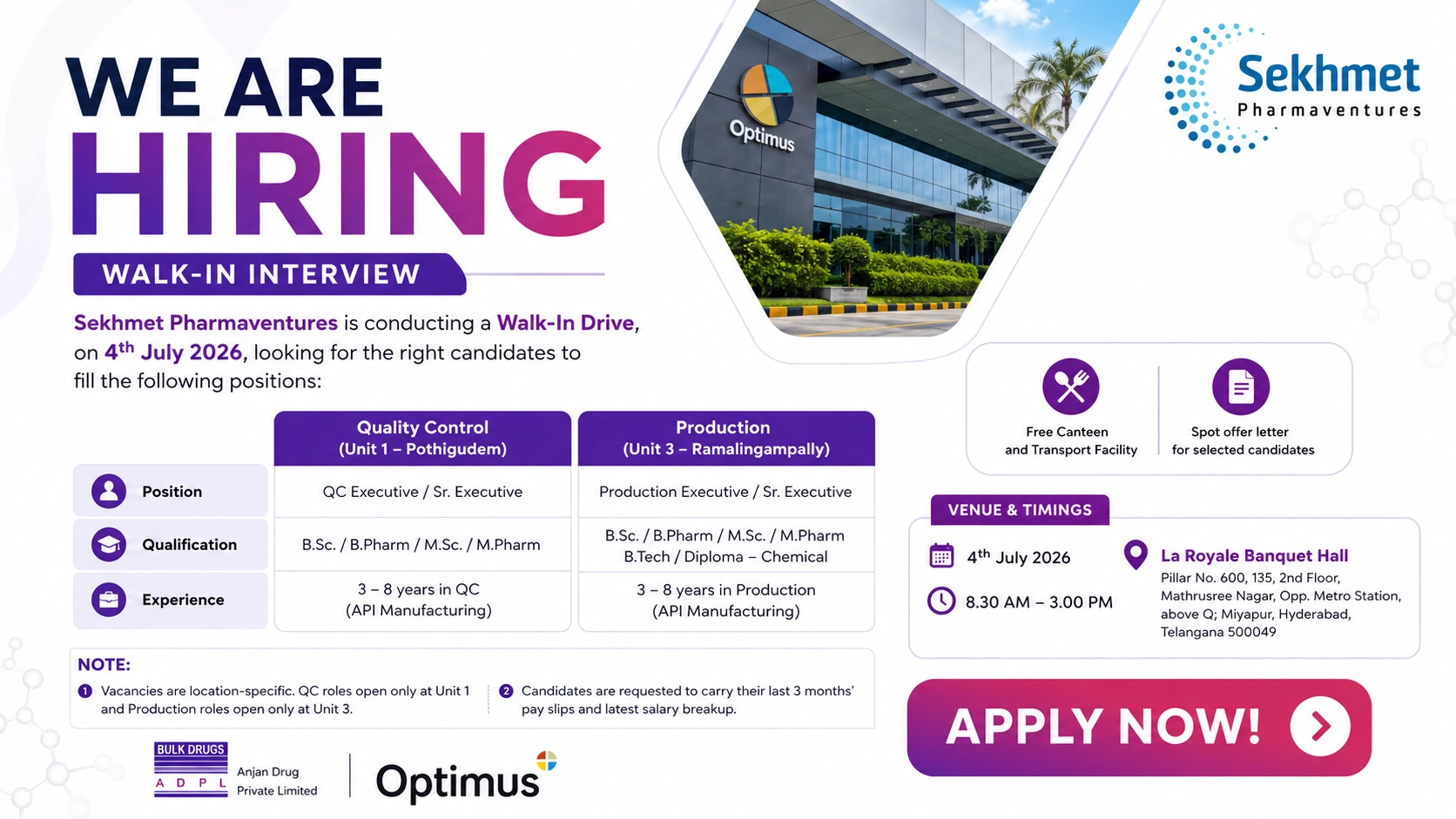 B.Sc / B.Pharm / M.Sc / M.Pharm / B.Tech / Diploma (Chemical)