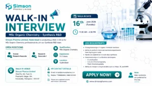Simson Pharma Limited is conducting a walk-in interview on 16th June 2026 for Trainee Research Associate and Research Associate I positions in Synthesis R&D.