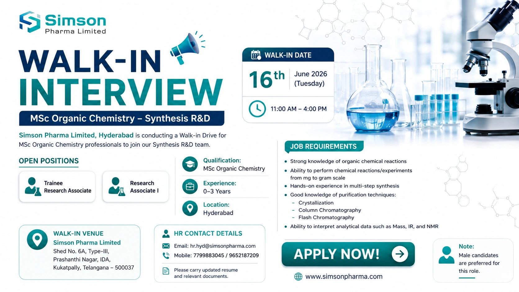 Simson Pharma Limited is conducting a walk-in interview on 16th June 2026 for Trainee Research Associate and Research Associate I positions in Synthesis R&D.