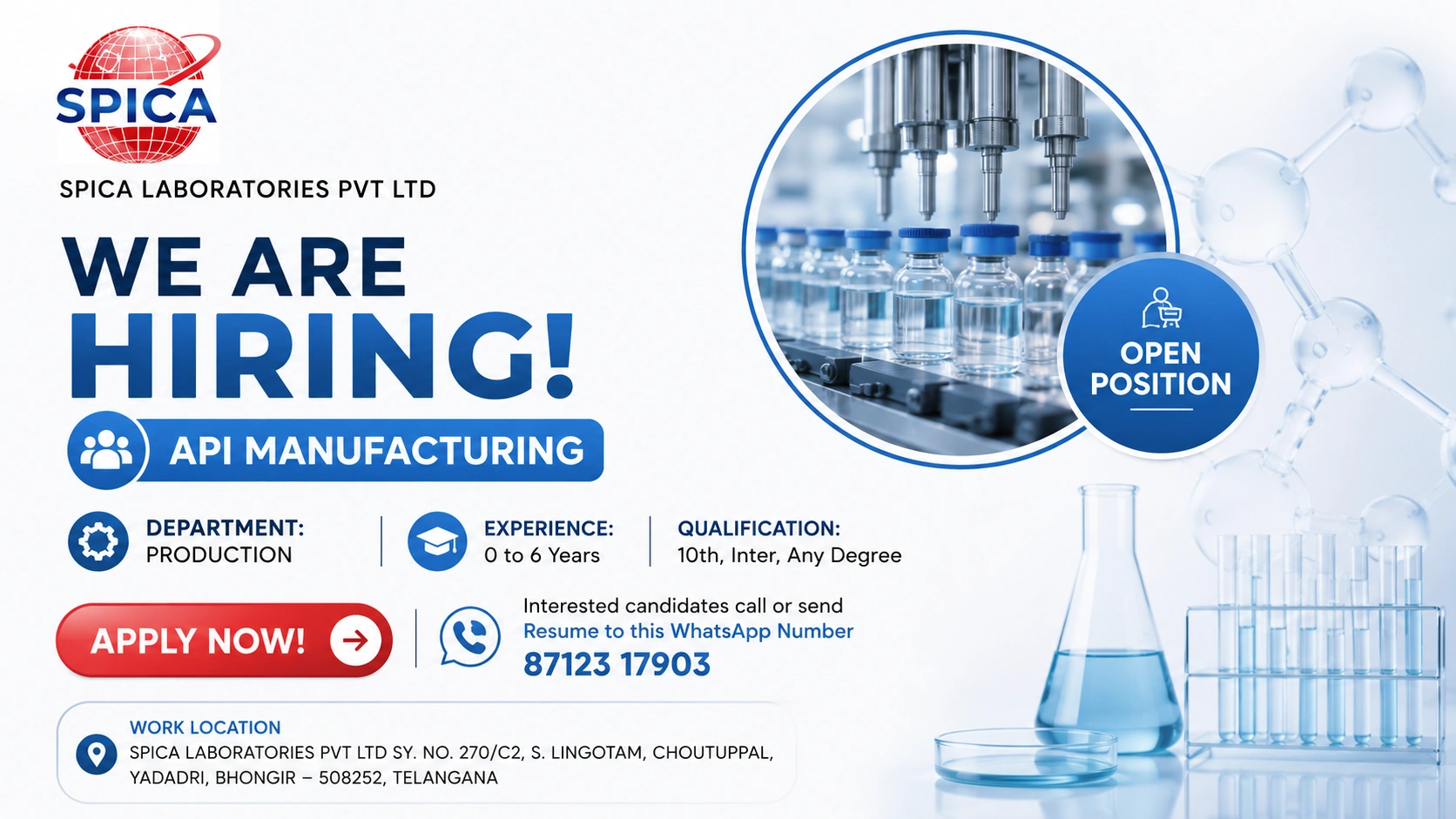 SPICA Laboratories Recruitment: Production Department Jobs for Freshers and Experienced Candidates in Telangana