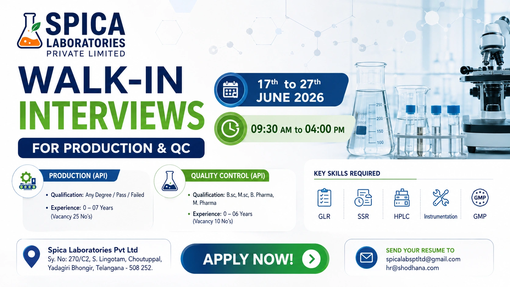 Spica Laboratories Walk-In Interview for Production & Quality Control Roles | Pharma Jobs in Telangana on 17th June 2026 to 27th June 2026