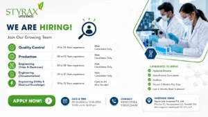 Styrax Life Sciences Hiring | Walk-In Interview for QC, Production & Engineering Jobs in Andhra Pradesh on 09 June 2026 to 13 June 2026