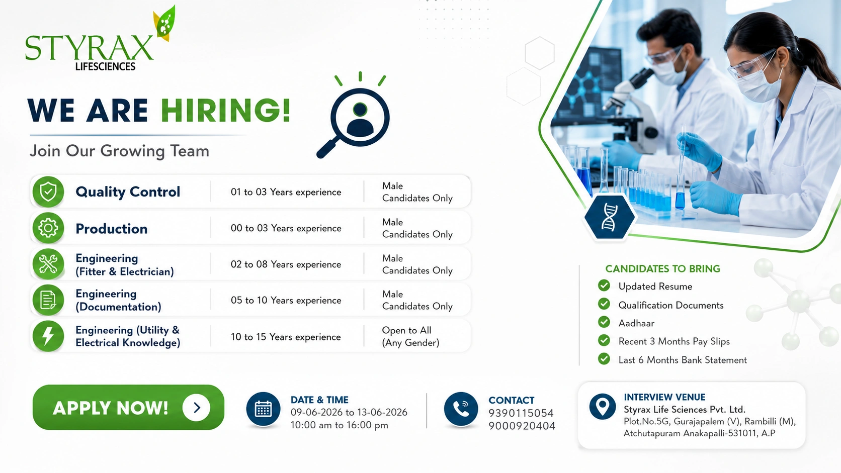 Styrax Life Sciences Hiring | Walk-In Interview for QC, Production & Engineering Jobs in Andhra Pradesh on 09 June 2026 to 13 June 2026