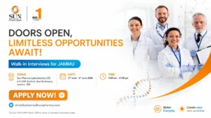 Sun Pharma Walk-in Interview for OSD Manufacturing, Quality Control, Quality Assurance & Engineering Roles in Jammu on 2nd June 2026 to 5th June 2026
