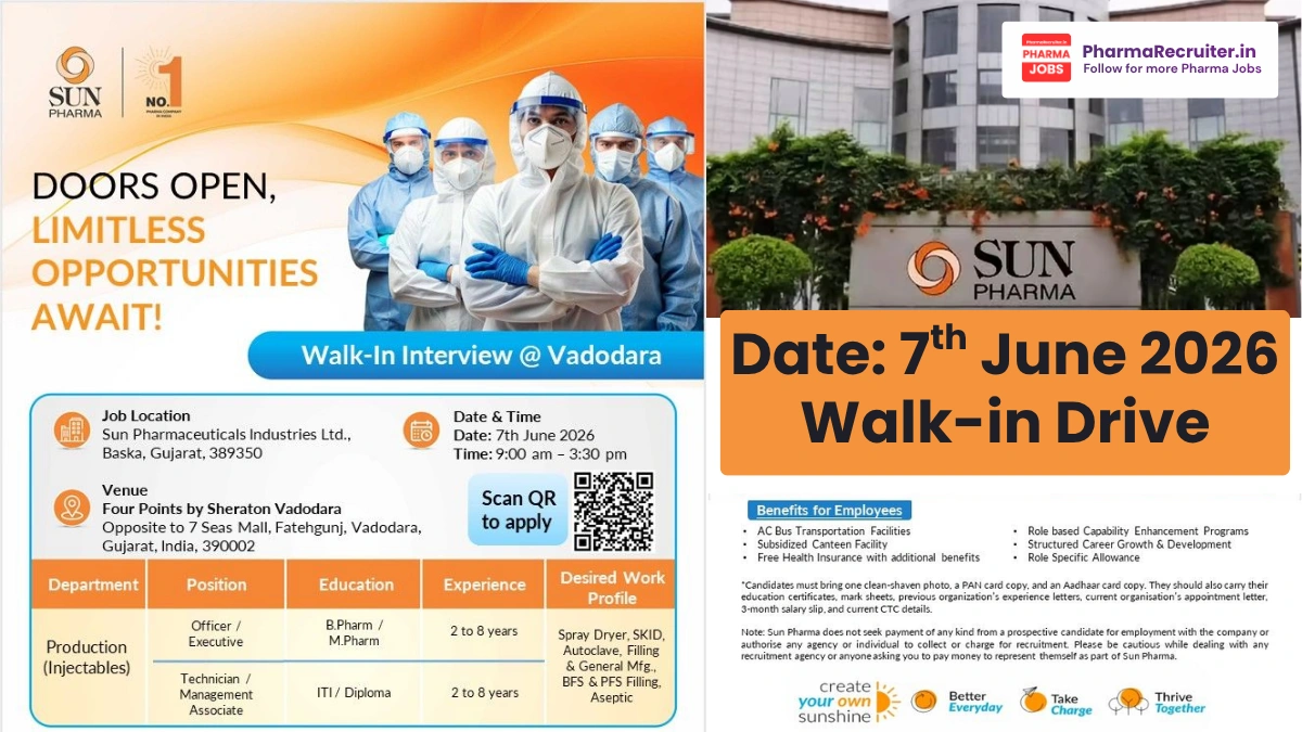 Sun Pharma Walk-in Interview on 7th June 2026 – Production