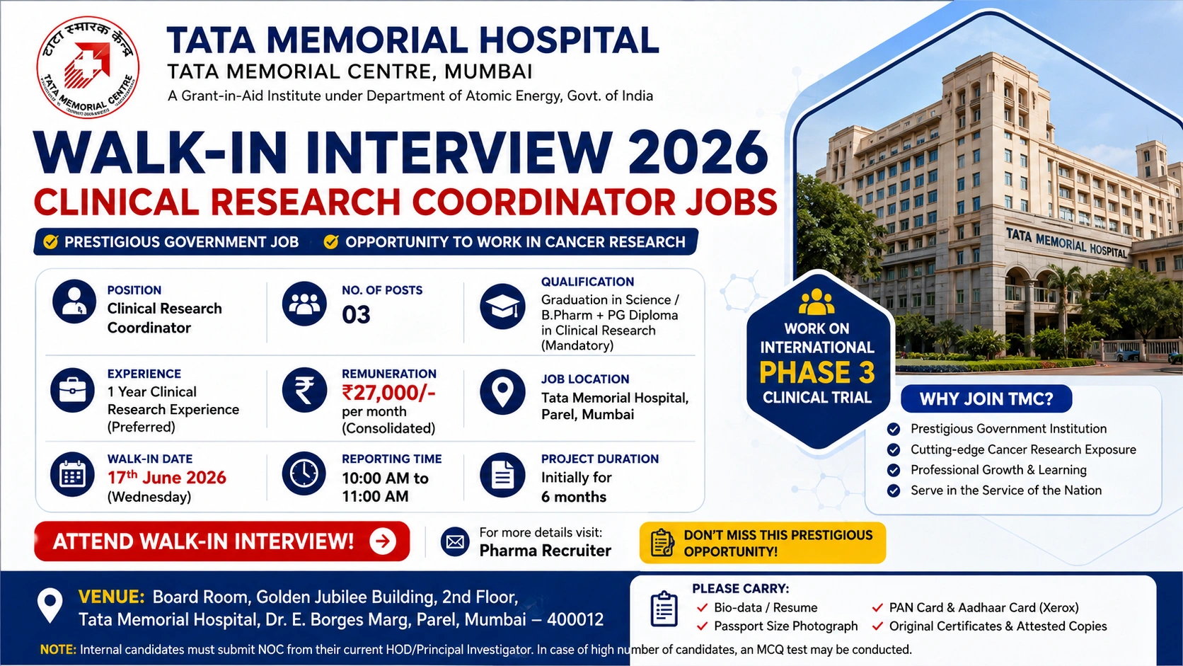 Tata Memorial Hospital Walk-in Interview 2026 – Clinical Research Coordinator Jobs