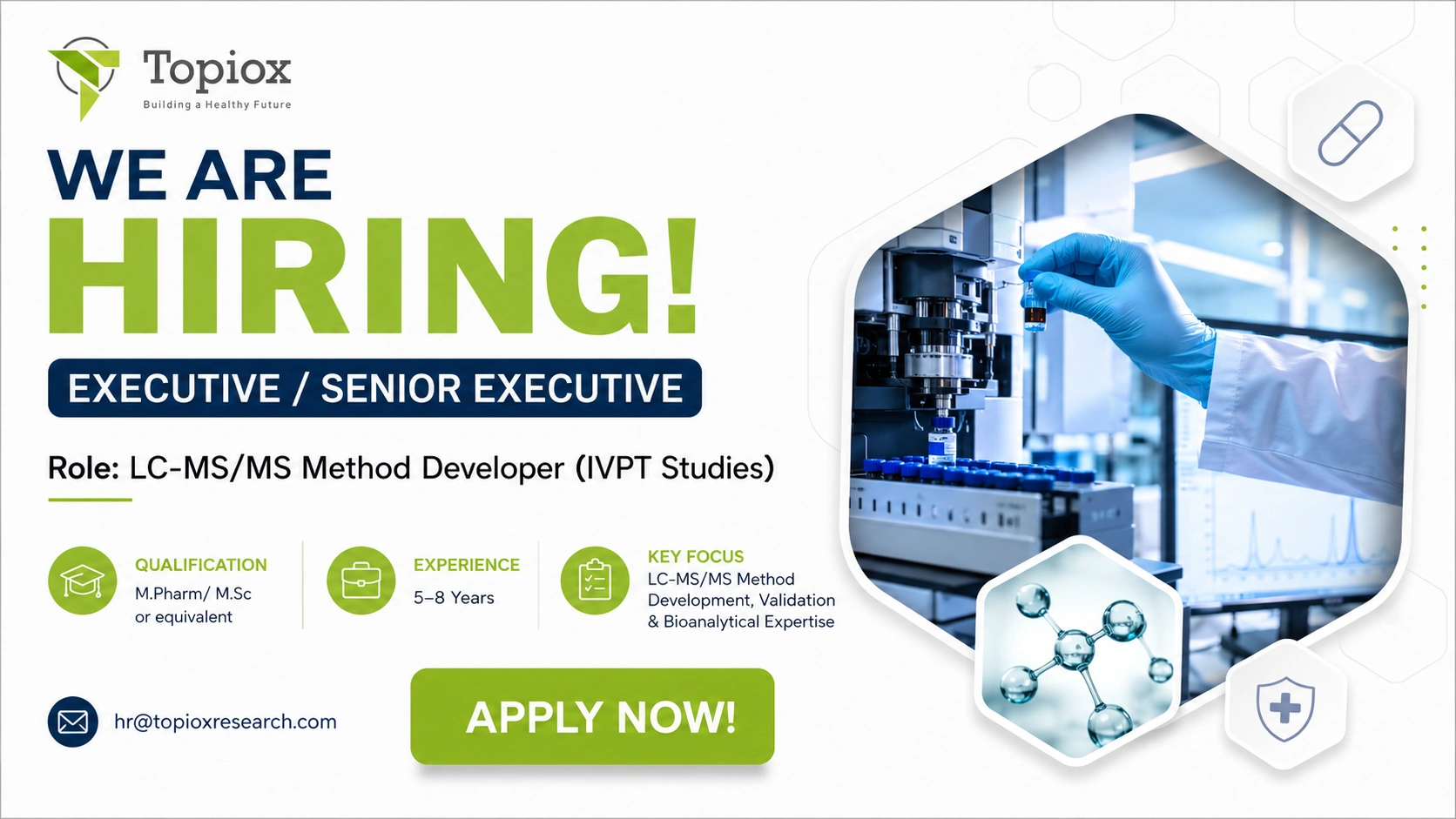 Topiox Research Hiring Executive/Senior Executive – LC-MS/MS Method Developer (IVPT Studies) | Pharma Jobs 2026