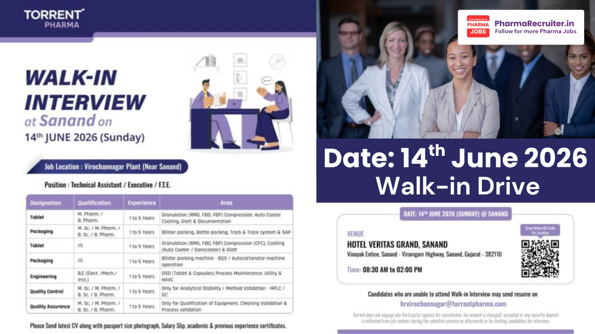 Torrent Pharma Walk-in Interview on 14th June 2026