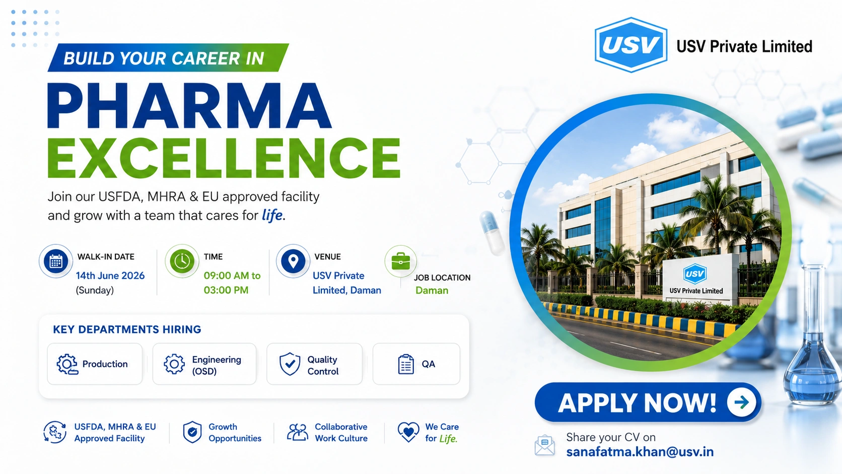 USV Walk-In Interview for Production, QA, QC, Engineering, and Apprentice Roles in Daman on 14 June 2026