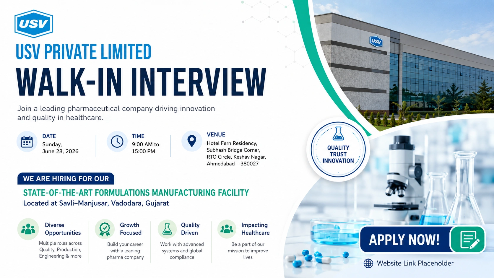 B.Pharm, M.Pharm, B.Sc, M.Sc, ITI, Diploma, B.E/B.Tech (as per position)