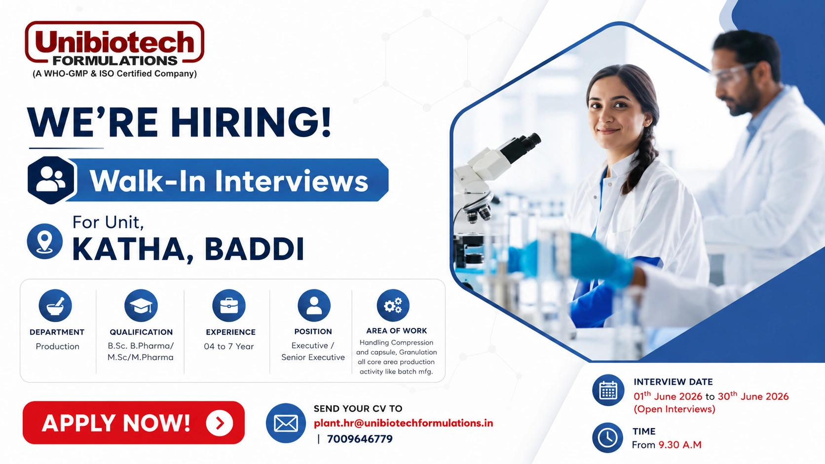 Unibiotech Formulations Walk-In Interview for Production Executive & Senior Executive | Pharma Jobs in Baddi on 01 June 2026 to 30 June 2026