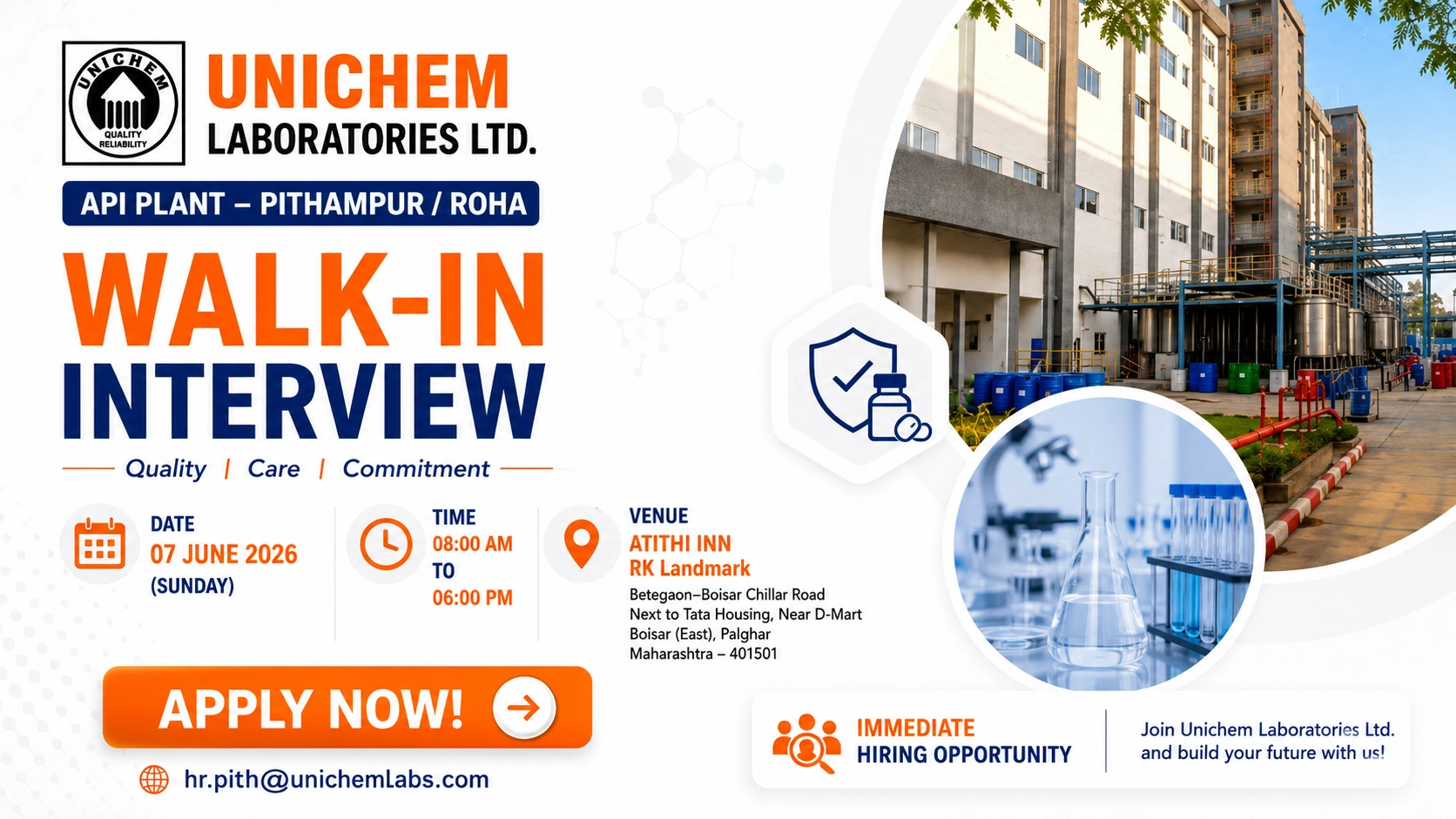 Unichem Laboratories Walk-In Interview for Production, Quality Control & Warehouse Roles | Pharma Jobs in Maharashtra on 07 June 2026 (Sunday)