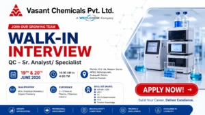 Vasant Chemicals Pvt. Ltd. Walk-In Interview for QC Specialist / Sr. Analyst – Pharma Jobs in Andhra Pradesh on on 19th & 20th June 2026