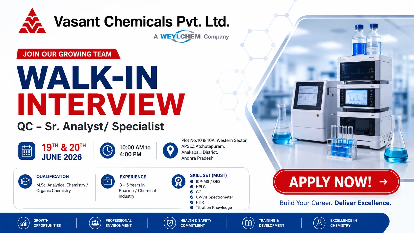 Vasant Chemicals Pvt. Ltd. Walk-In Interview for QC Specialist / Sr. Analyst – Pharma Jobs in Andhra Pradesh on on 19th & 20th June 2026