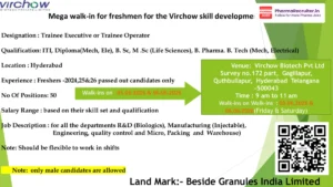 Virchow Biotech Mega Walk-in Drive 2026 – Fresher Trainee Executive & Trainee Operator Jobs in Hyderabad