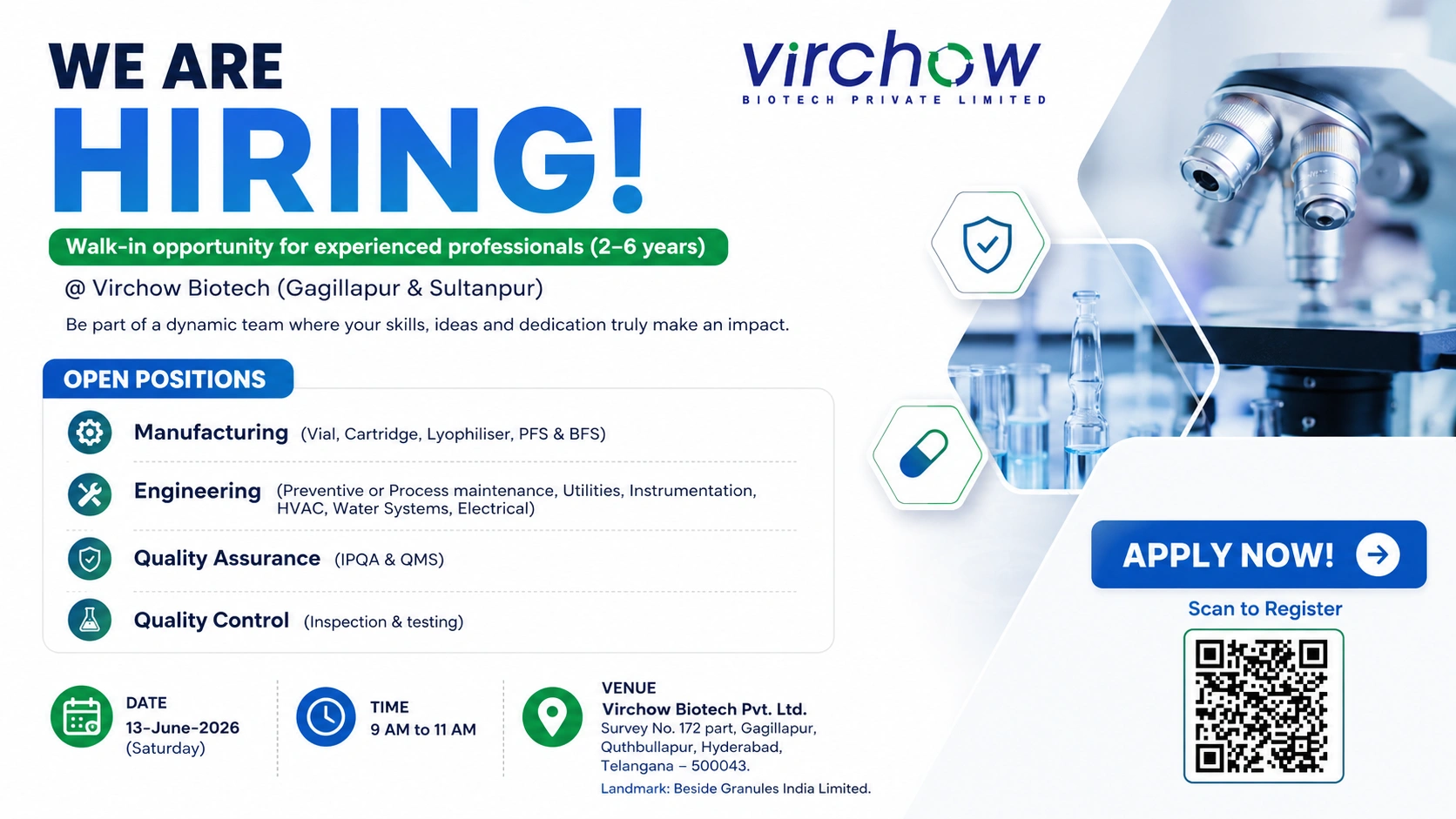 Virchow Biotech Walk-in Interview for Manufacturing, Engineering, QA & QC Professionals in Hyderabad on 13 June 2026