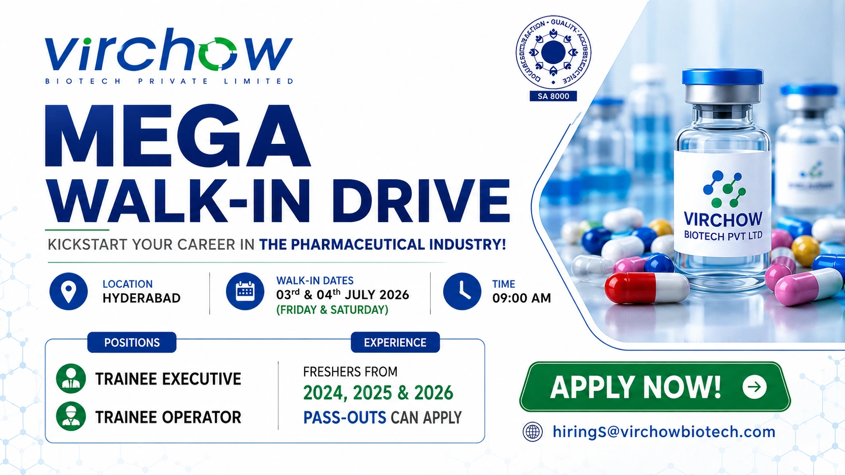 Virchow Biotech Pvt Ltd Mega Walk-in Interview for Freshers | Trainee Executive & Trainee Operator Pharma Jobs in Hyderabad on 03rd & 04th July 2026