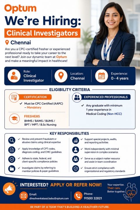 Join Optum as a Clinical Investigator in Chennai! This exciting opportunity is perfect for CPC-certified freshers and experienced medical coding professionals seeking pharma jobs