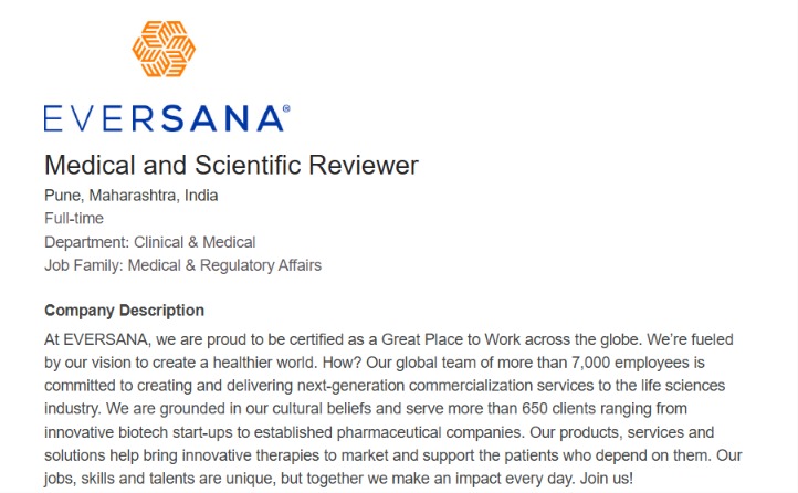 EVERSANA is hiring a Medical and Scientific Reviewer for its Pune office.
