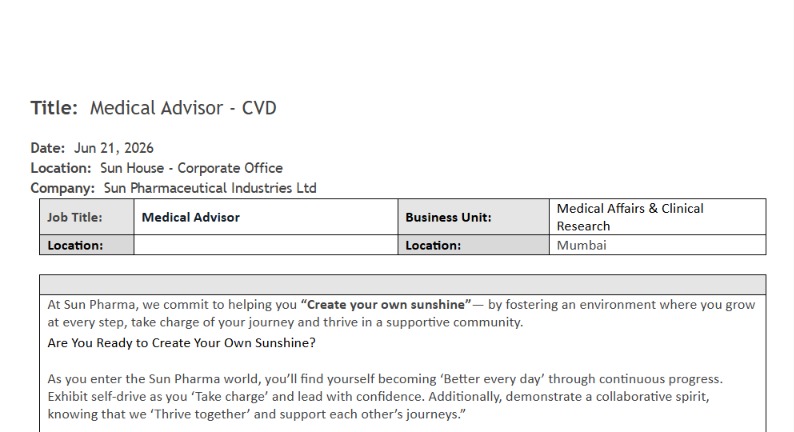 Sun Pharmaceutical Industries Ltd is hiring a Medical Advisor - CVD for its Mumbai corporate office.