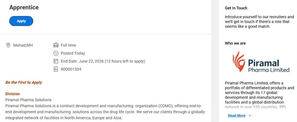 Piramal Pharma Solutions is hiring Apprentices for its Mahad facility.