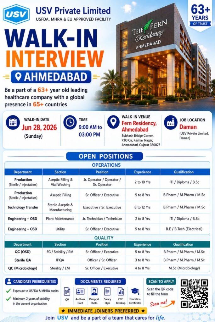 USV Private Limited is conducting a walk-in interview on 28 June 2026 in Ahmedabad for multiple pharma jobs in Production (Sterile/Injectables), Engineering, and Quality departments.