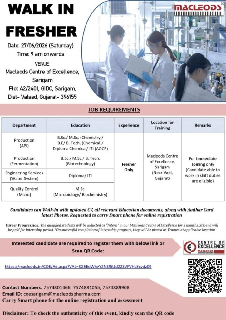 Macleods Pharmaceuticals is conducting a walk-in interview on 27 June 2026 for freshers in Production (API & Fermentation), Engineering Services, and Quality Control (Micro).