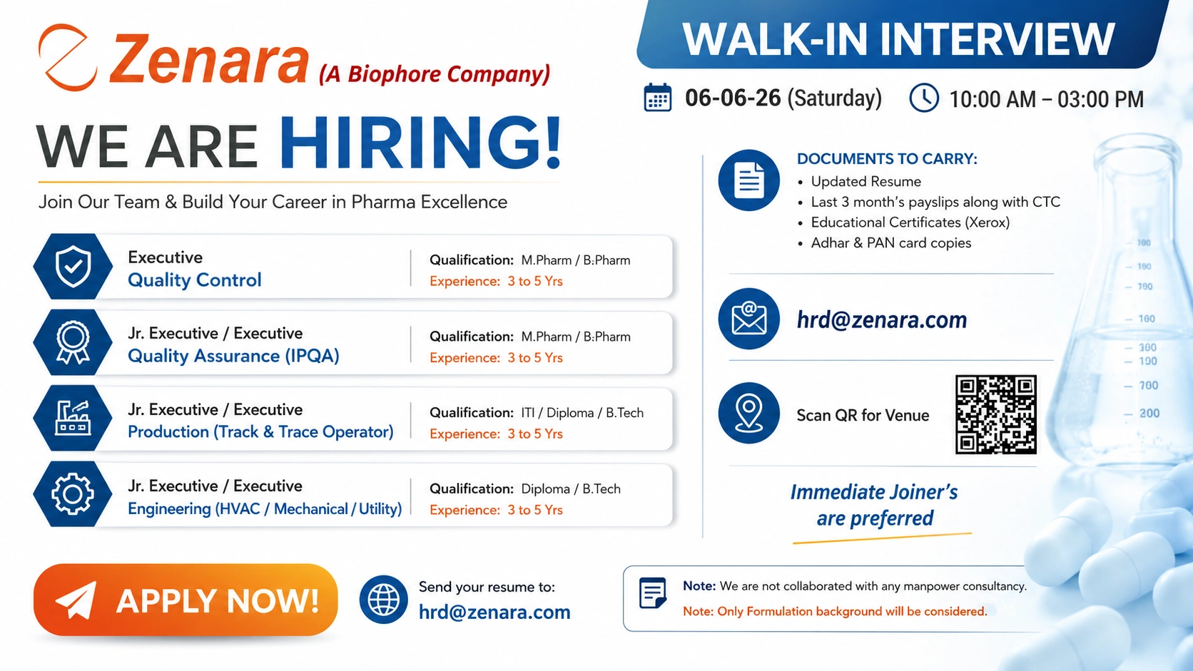 Zenara (A Biophore Company) Walk-In Interview for Quality Control, Quality Assurance, Production & Engineering Roles on 06 June 2026 (Saturday)
