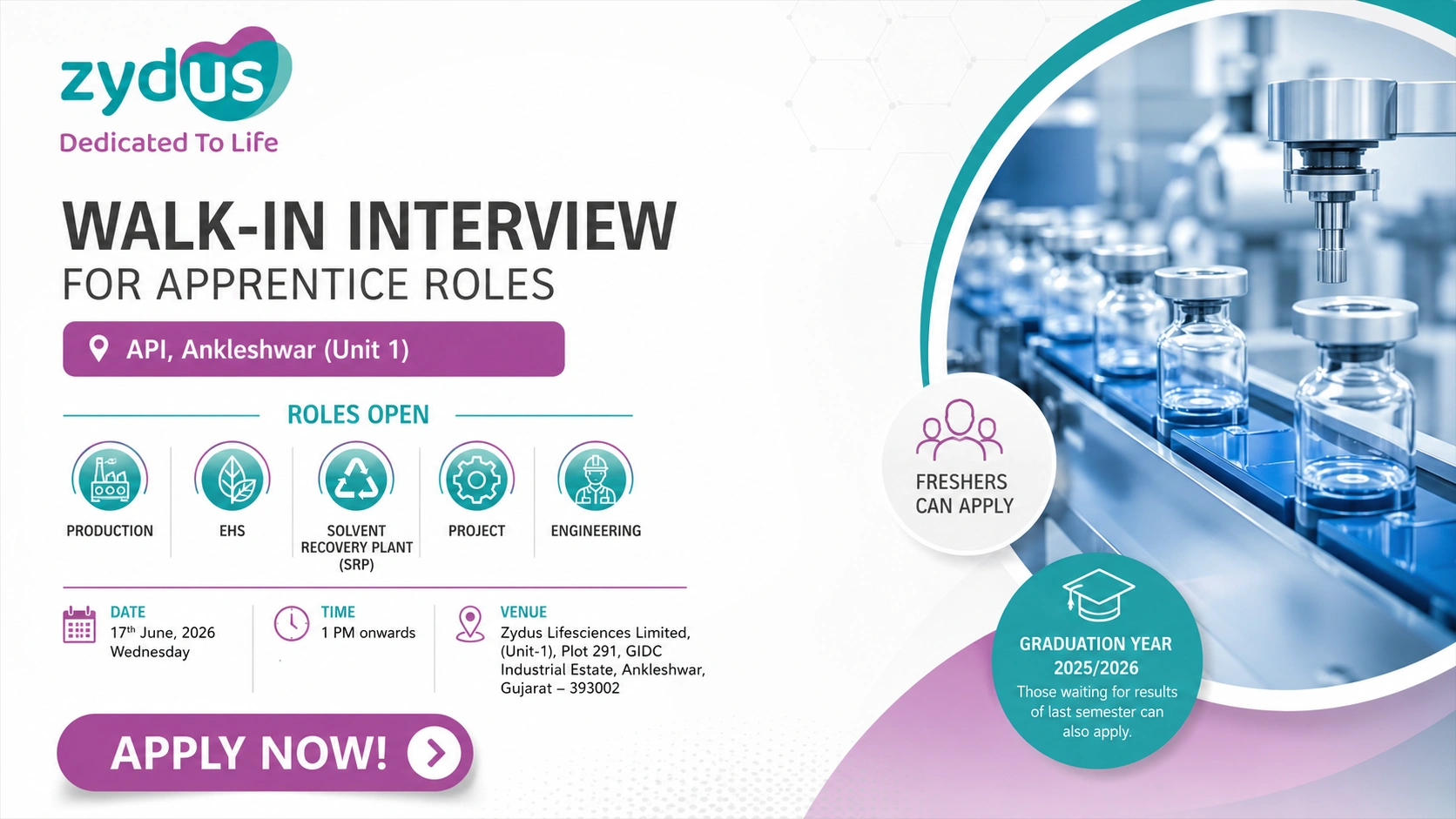 Zydus Lifesciences Walk-In Interview for Apprentice Roles at Ankleshwar | Freshers Eligible on 17 June 2026 (Wednesday)