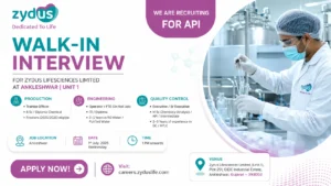 Zydus Lifesciences Walk-in Interview for Production, Quality Control & Engineering Roles | Freshers and Experienced Candidates on 1st July 2026