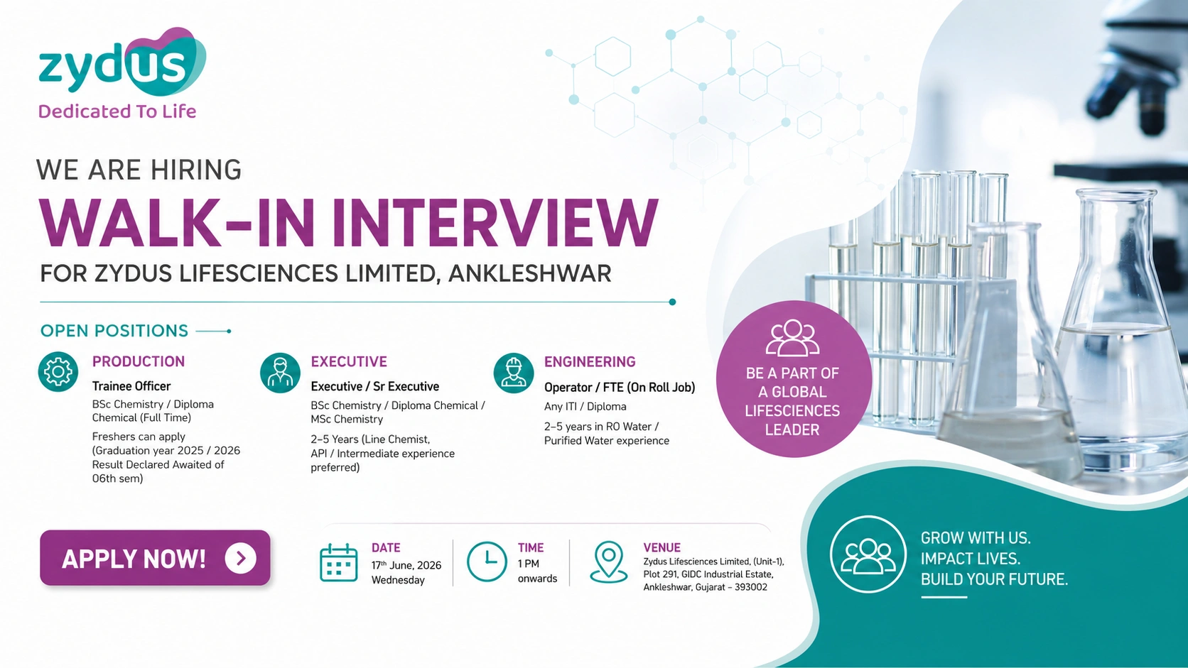 Zydus Lifesciences Walk-In Interview for Production and Engineering Roles at Ankleshwar API Unit on 17 June 2026 (Wednesday)
