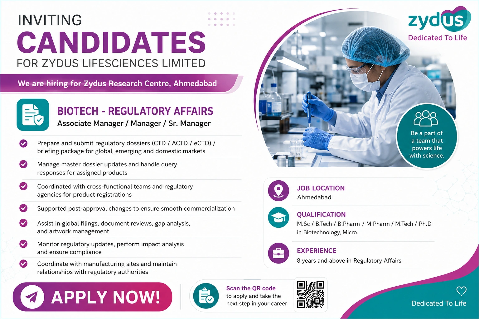 M.Sc / B.Tech / B.Pharm / M.Pharm / M.Tech / Ph.D in Biotechnology, Microbiology or related fields